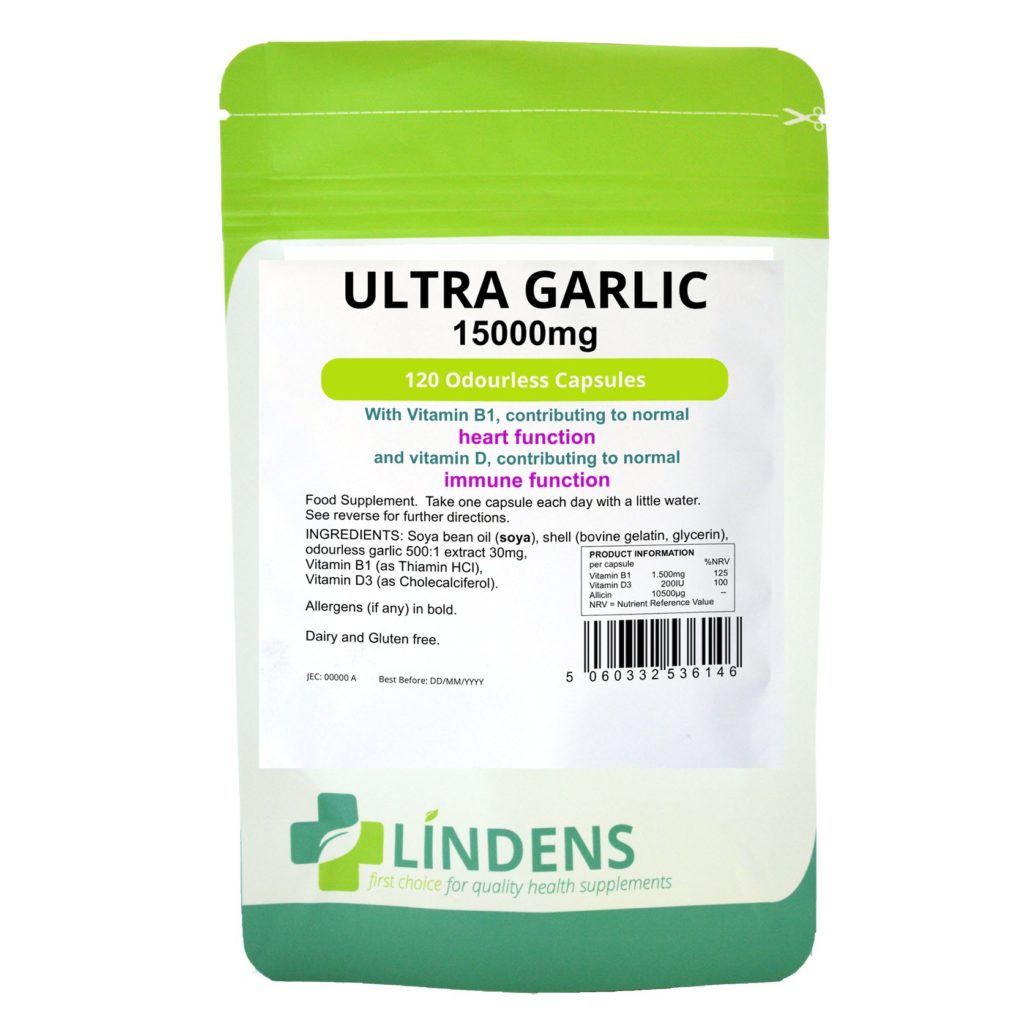 thumbnail image 2 of Lindens Ultra Garlic 15000 Mg Odourless Capsules - With Vitamin B1 & D3, 120-360 Caps, Heart & Immune Support 2 of 14