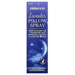 Derma V10’s Lavender Pillow Spray is perfect to use just before bedtime, for a relaxing restful night. With Lavender oil, Chamomile and Rosemary extracts to relax the senses.