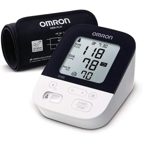 The Omron M4 Intelli IT is a clinically validated upper arm blood pressure monitor that connects to your smartphone via Bluetooth to track and share readings. It has a unique Intelli Wrap cuff for comfort and 360° accuracy, along with body movement detection to ensure accurate results.