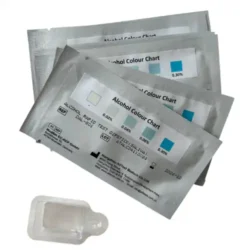 Packaged alcohol test strips with color chart indicators, displayed in sealed silver foil pouches. Each test shows varying shades of blue/green squares for different alcohol percentage measurements (0-30%). Includes a small transparent receptacle for sample collection. These home alcohol testing kits provide UK users with reliable, discreet screening options for monitoring alcohol levels, benefiting individuals concerned about alcohol consumption and healthcare professionals requiring quick assessments.